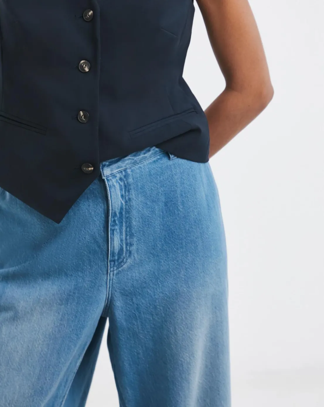 Mid Blue Premium Drape Wide Leg Jeans