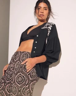 Mono Print Crinkle Shirred Waist Wide Leg Trousers