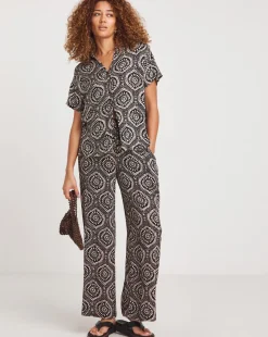 Mono Print Crinkle Shirred Waist Wide Leg Trousers
