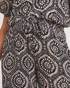 Mono Print Crinkle Shirred Waist Wide Leg Trousers