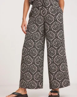 Mono Print Crinkle Shirred Waist Wide Leg Trousers