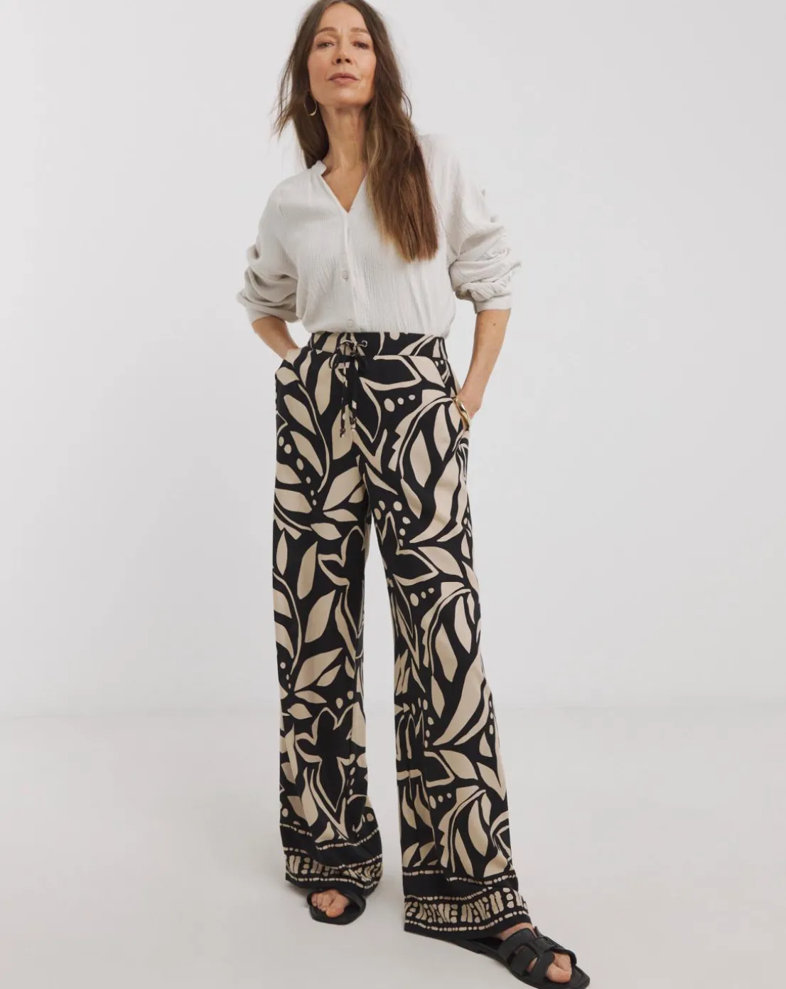Mono Print Viscose Wide Leg Trousers