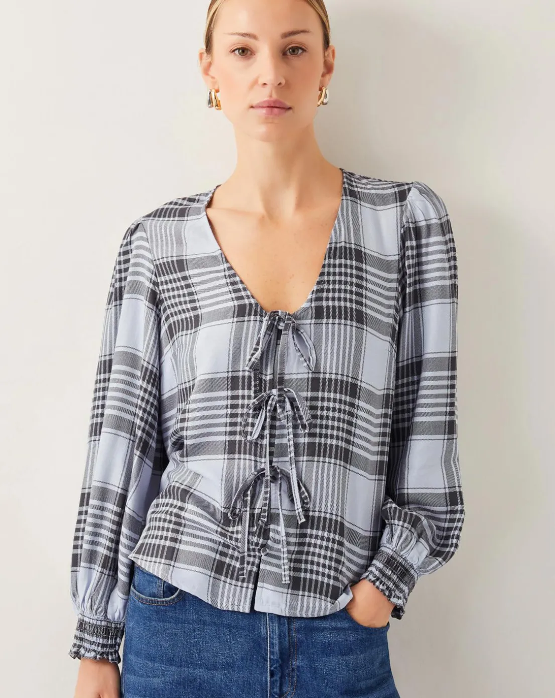 Monsoon Ava Tie-Front Check Blouse