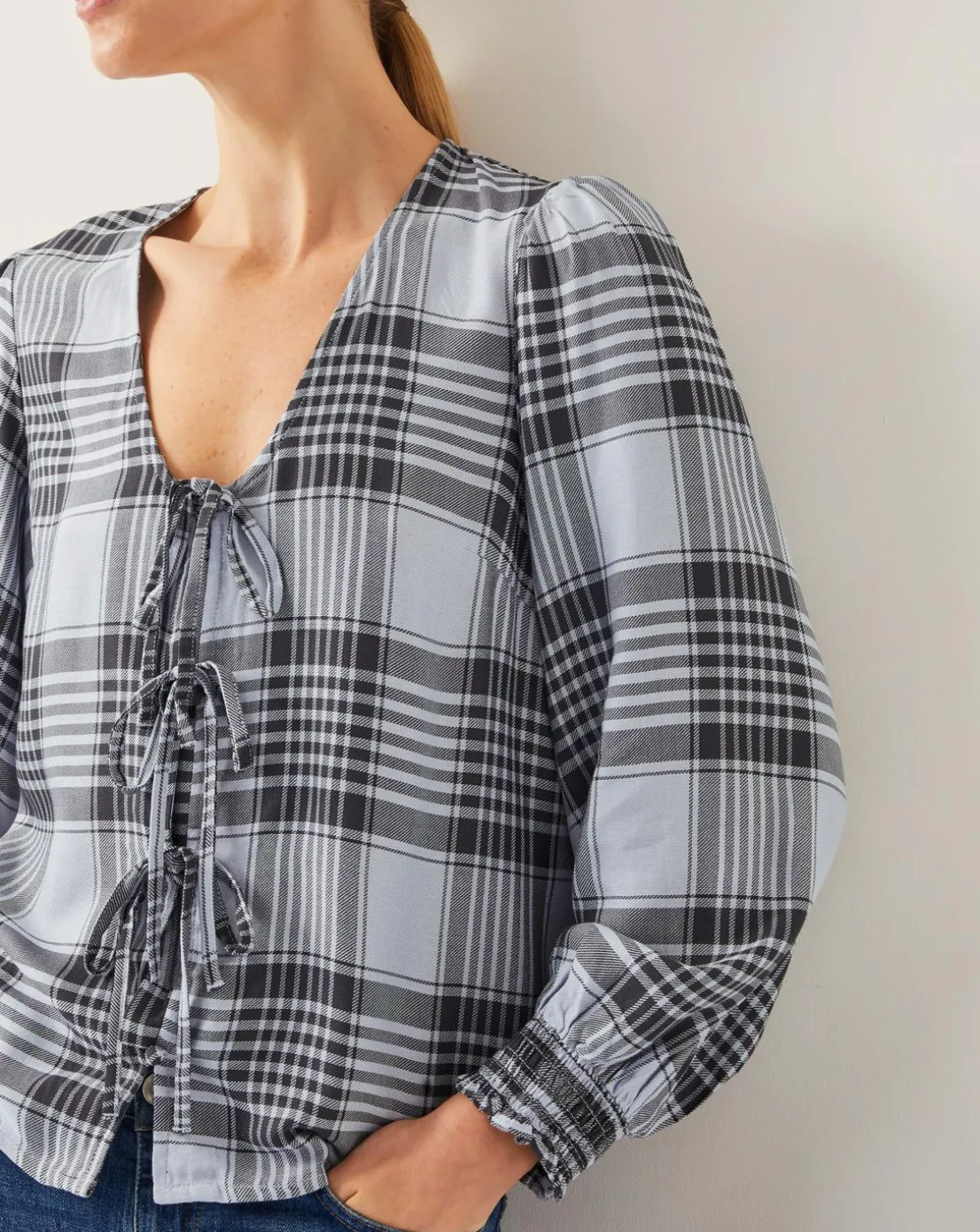 Monsoon Ava Tie-Front Check Blouse