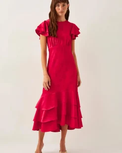 Monsoon Ester Satin Ruffle Midi Dress