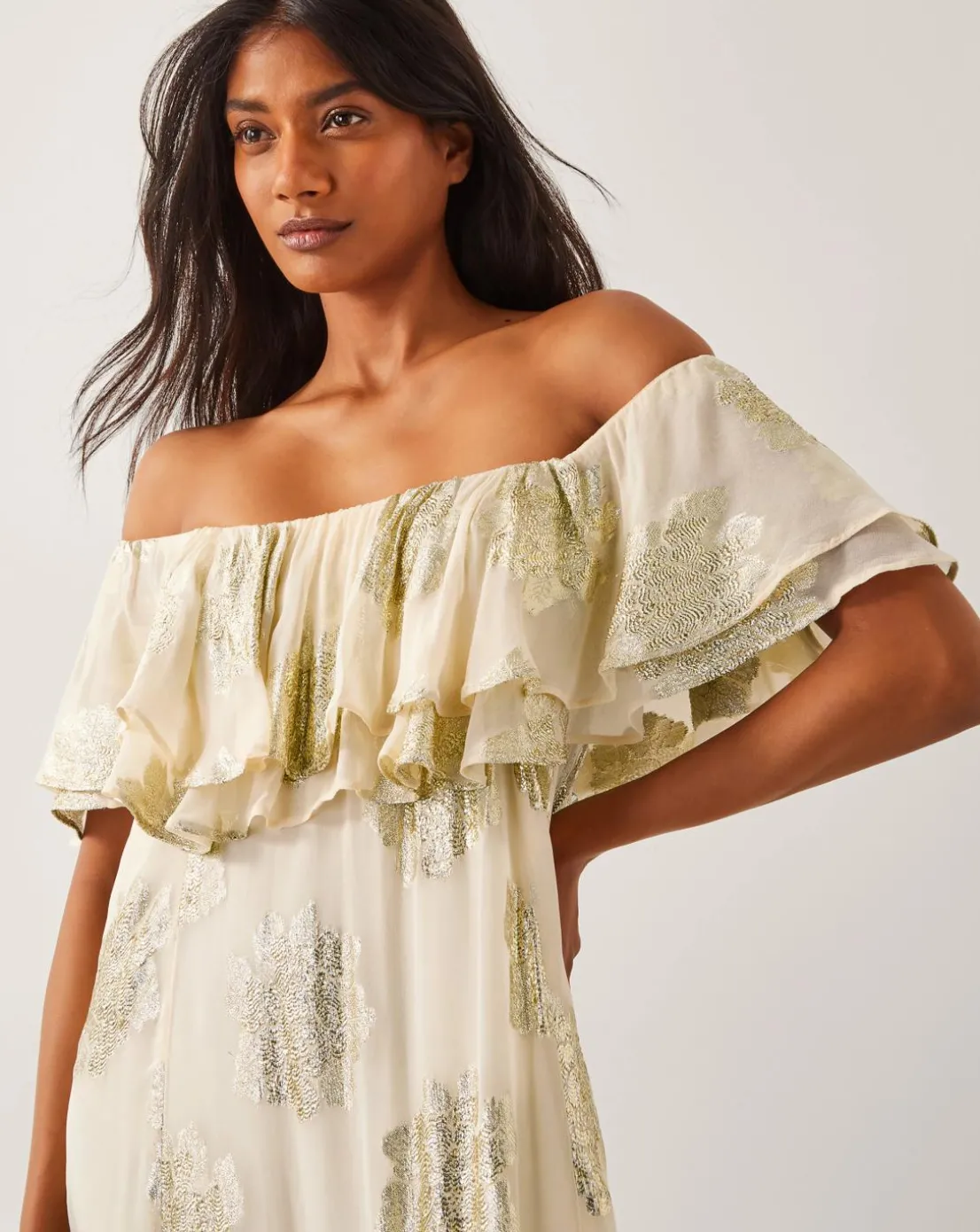 Monsoon Lyra Metallic Ruffle Maxi Dress