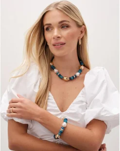 Mood Gold Blue Bead Statement Necklace