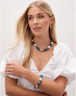 Mood Gold Blue Bead Statement Stretch Bracelet