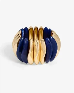 Mood Gold Blue Resin And Polished Pebble Stretch Bracelet