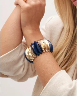 Mood Gold Blue Resin And Polished Pebble Stretch Bracelet