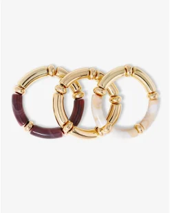 Mood Gold Cream And Plum Resin Stacker Stretch Bracelets - Pack Of 3