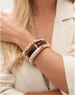 Mood Gold Cream And Plum Resin Stacker Stretch Bracelets - Pack Of 3