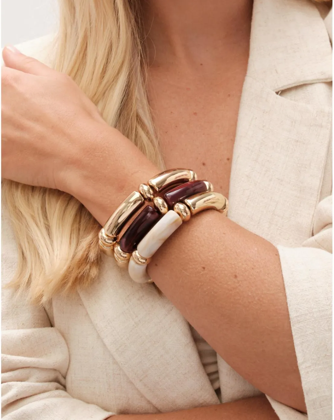 Mood Gold Cream And Plum Resin Stacker Stretch Bracelets - Pack Of 3