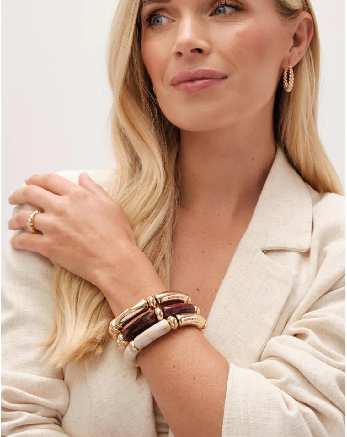 Mood Gold Cream And Plum Resin Stacker Stretch Bracelets - Pack Of 3