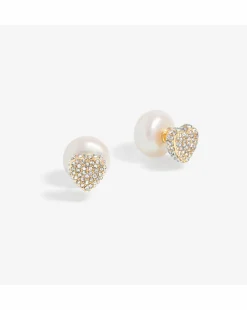 Mood Gold Cream Pearl And Crystal Heart Stud Earrings