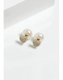Mood Gold Cream Pearl And Crystal Heart Stud Earrings