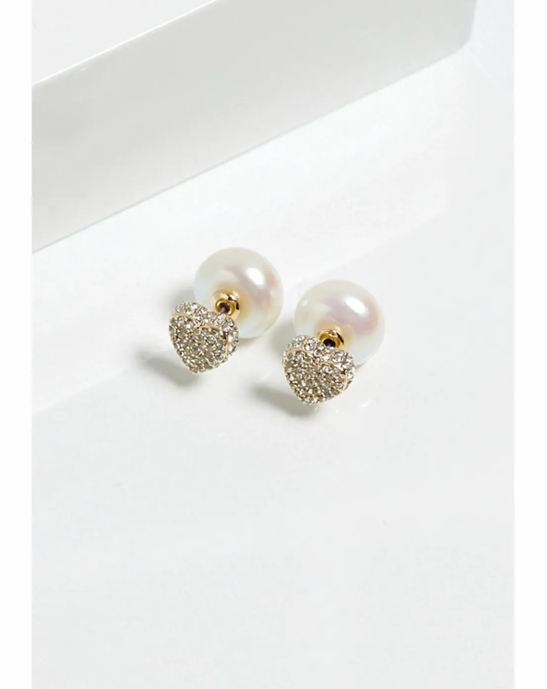 Mood Gold Cream Pearl And Crystal Heart Stud Earrings