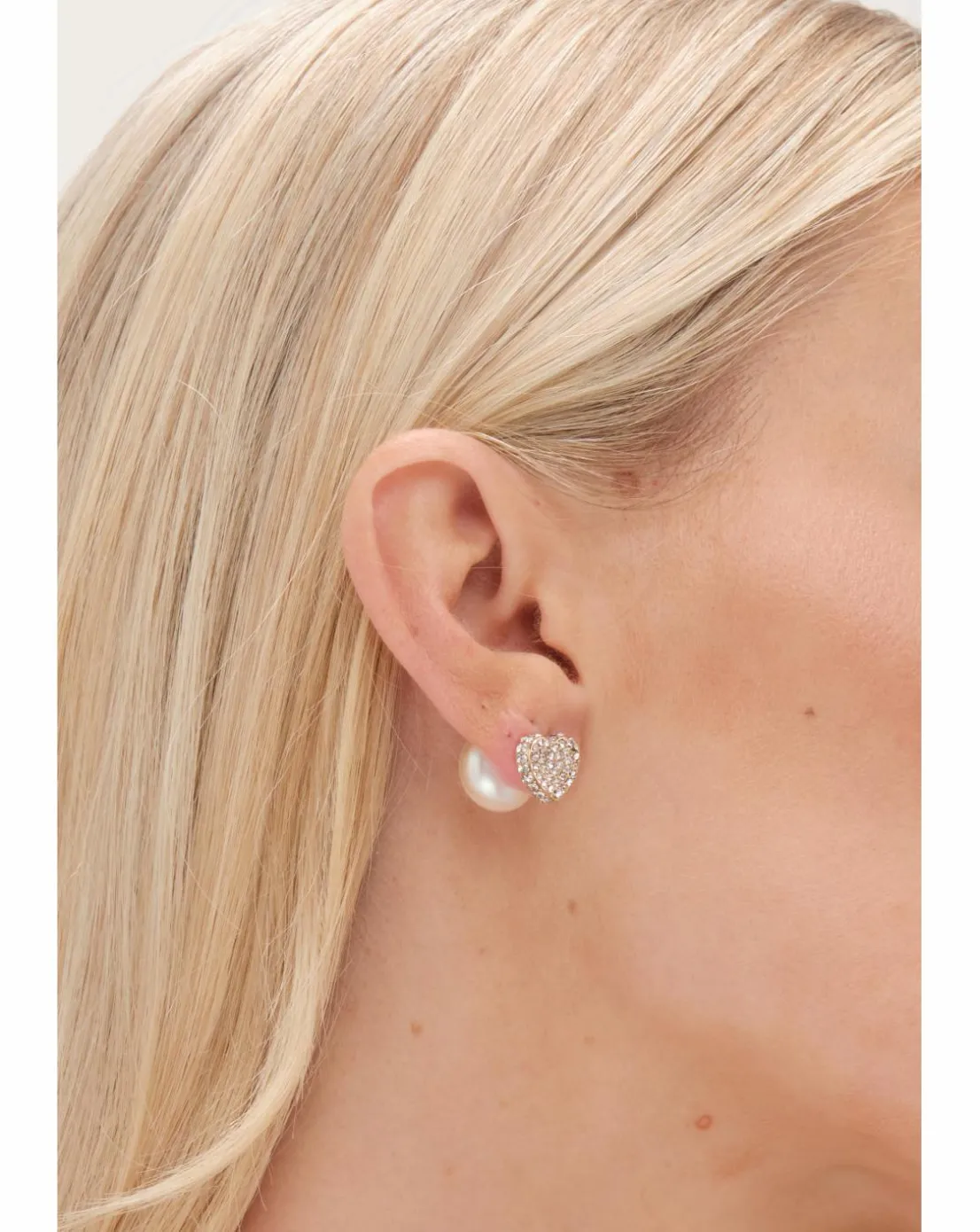 Mood Gold Cream Pearl And Crystal Heart Stud Earrings