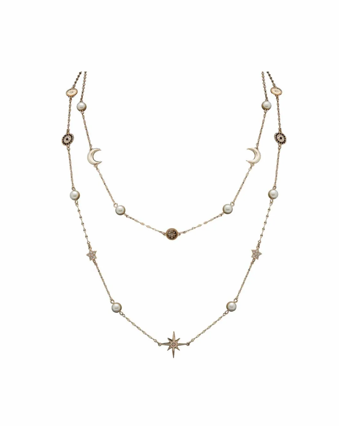 Mood Gold Crystal And Cream Pearl Celestial Necklace