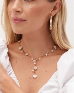 Mood Gold Flat Coin Pearl Chain Y-Drop Necklace