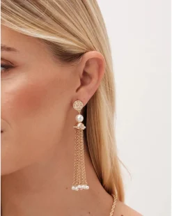Mood Gold Pearl Chain Tassel Drop Earrings