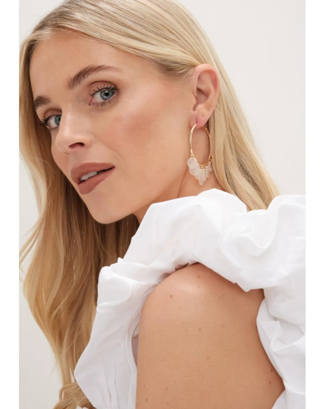 Mood Gold White Shell Charm Hoop Earrings