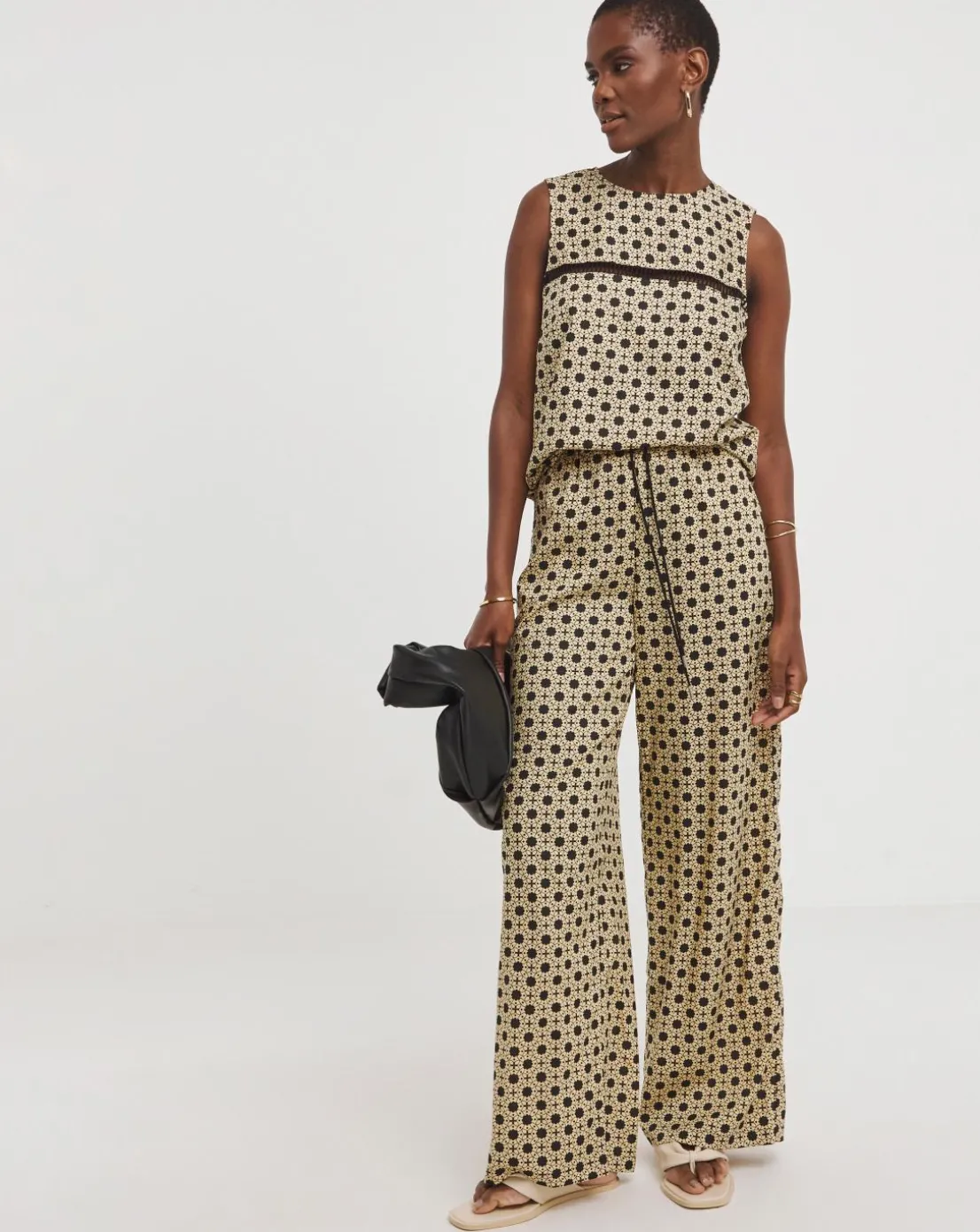 Natural Print Spun Viscose Pull On Wide Leg Trousers