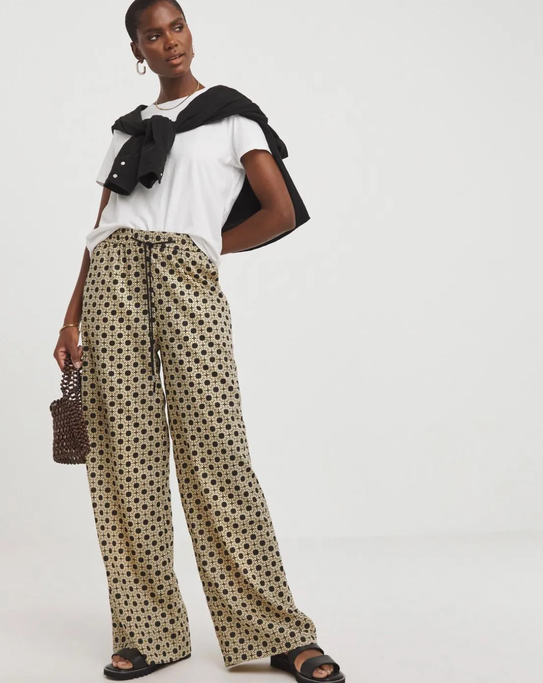 Natural Print Spun Viscose Pull On Wide Leg Trousers