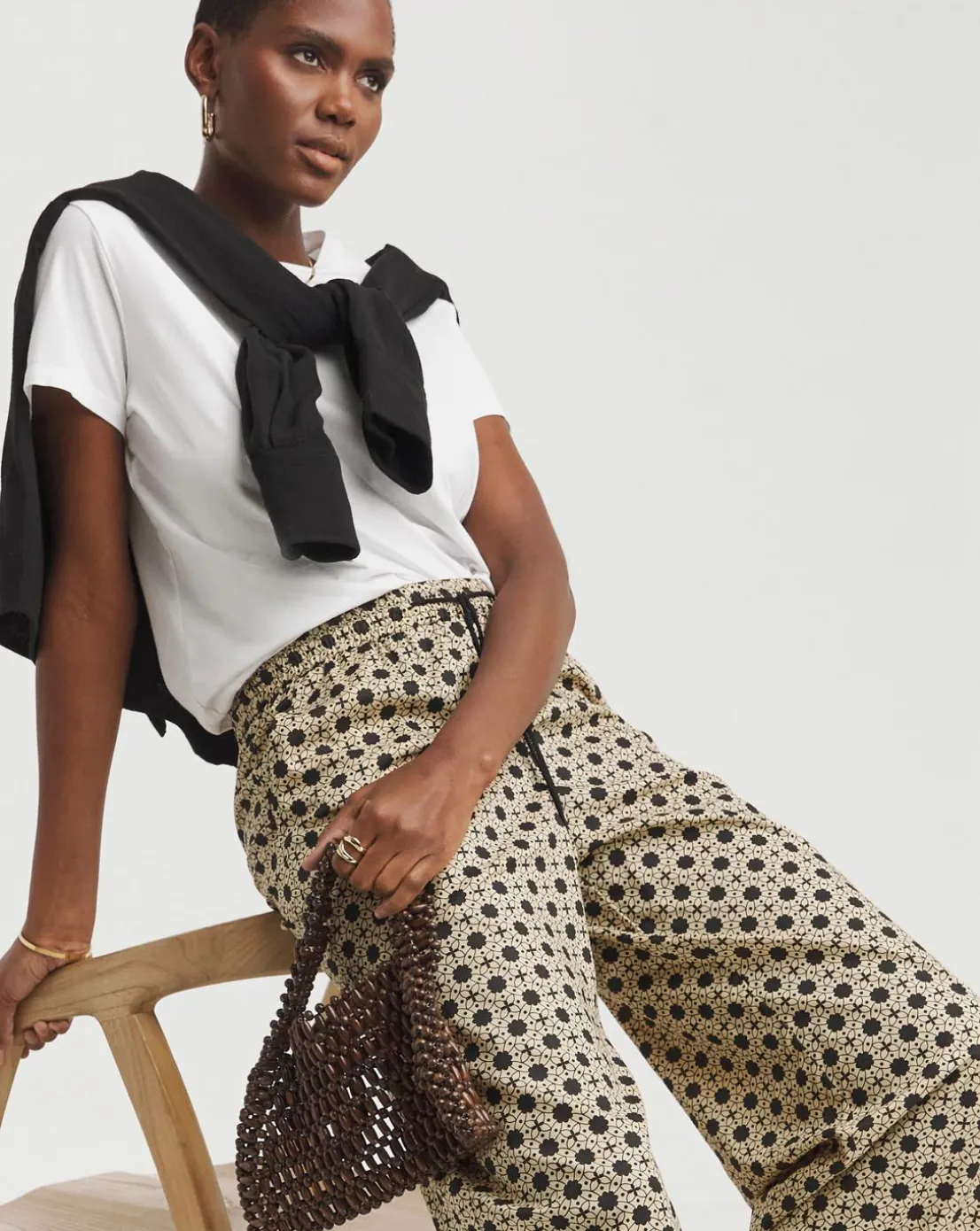 Natural Print Spun Viscose Pull On Wide Leg Trousers