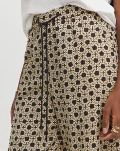Natural Print Spun Viscose Pull On Wide Leg Trousers