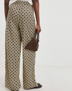 Natural Print Spun Viscose Pull On Wide Leg Trousers
