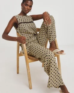 Natural Print Spun Viscose Pull On Wide Leg Trousers