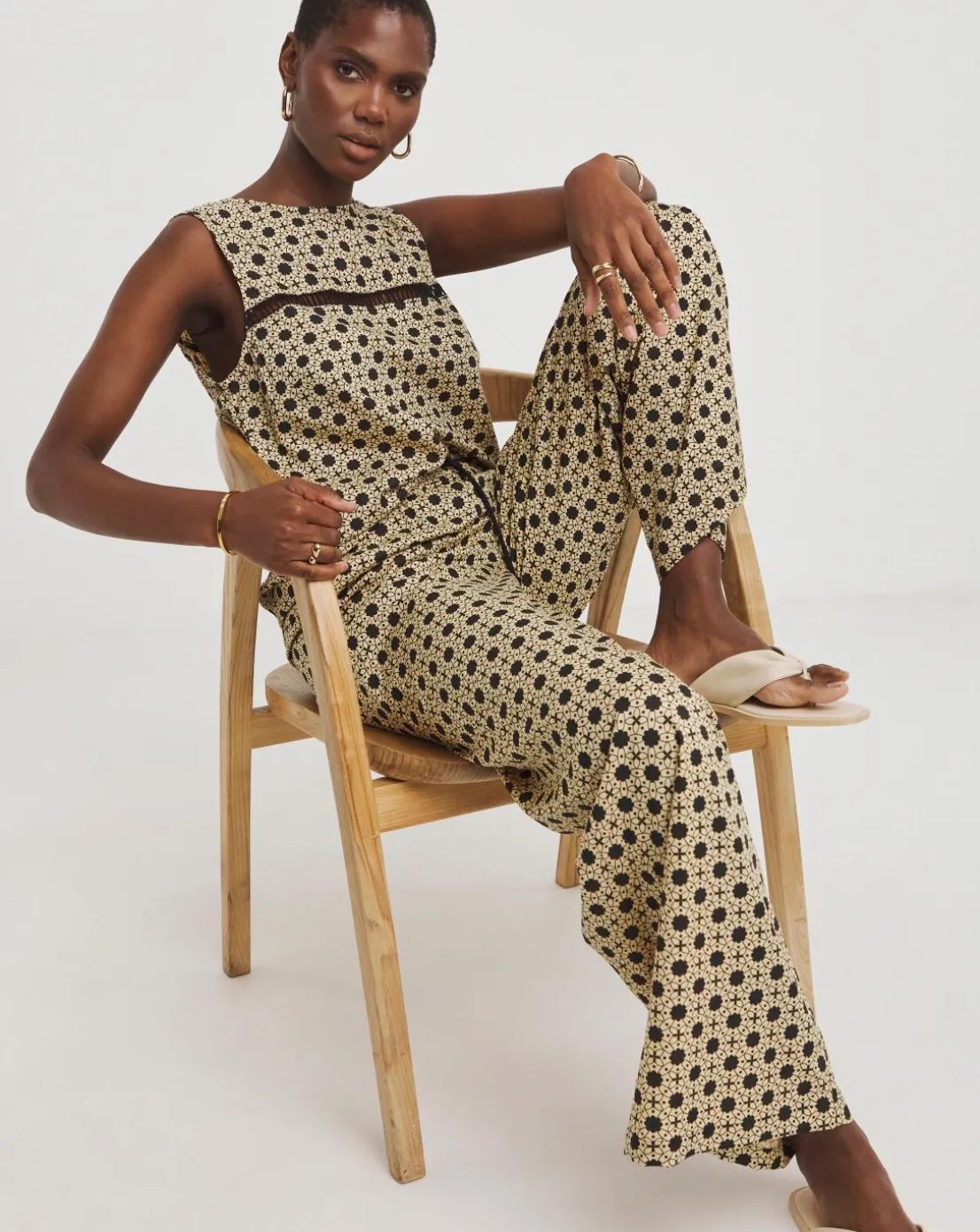 Natural Print Spun Viscose Pull On Wide Leg Trousers