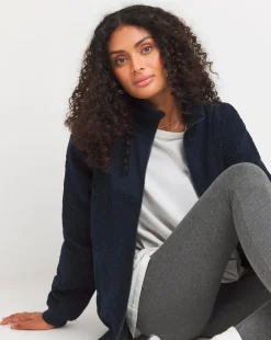 Navy Borg Rib Collar Zip Up Jacket