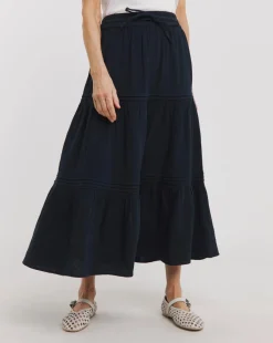 Navy Cheesecloth Tiered Midi Skirt