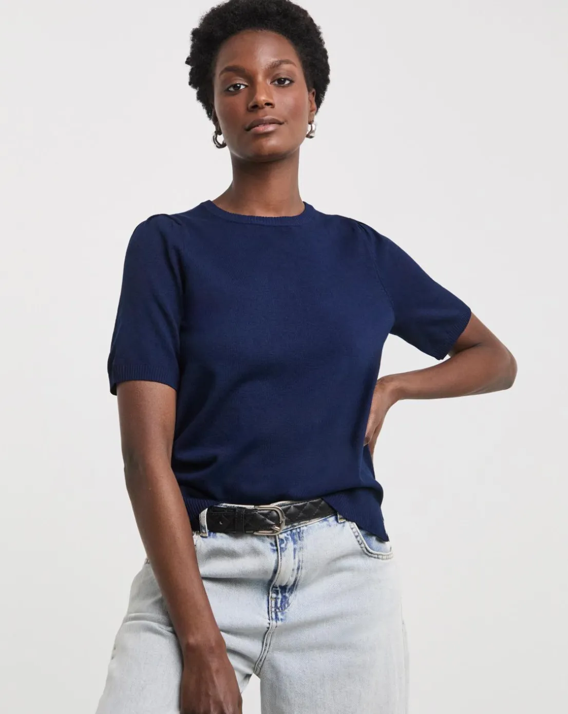 Navy Crew Neck Short Puff Sleeve Jumper