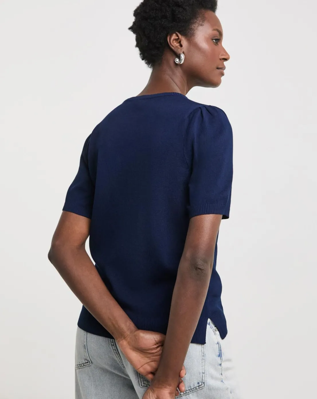 Navy Crew Neck Short Puff Sleeve Jumper