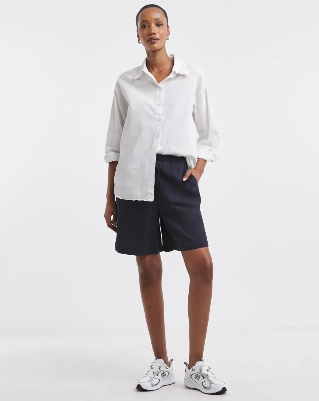 Navy Linen Mix Knee Length Shorts