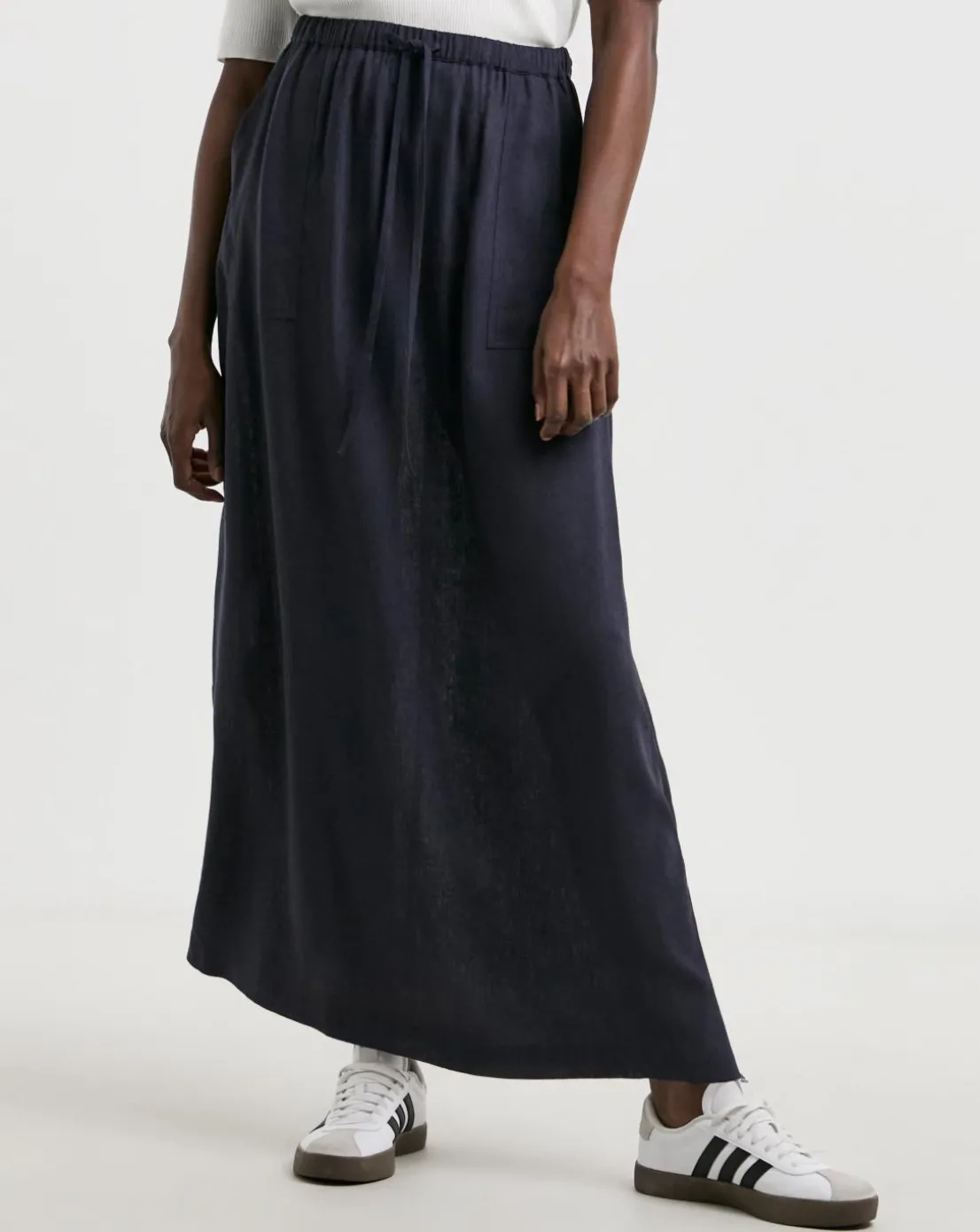 Navy Linen Mix Maxi Skirt