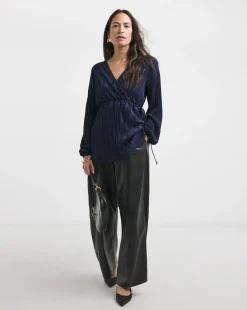 Navy Plisse V Neck Longline Wrap Top
