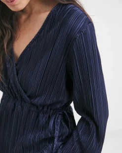 Navy Plisse V Neck Longline Wrap Top