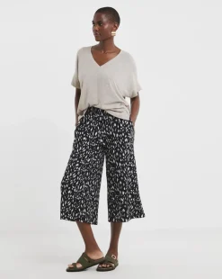 Navy Print Jersey Cropped Wide Leg Culottes
