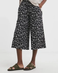 Navy Print Jersey Cropped Wide Leg Culottes