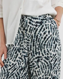 Navy Print Linen Mix Cropped Wide Leg Culottes