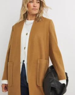 Neutral Collarless Longline Coat