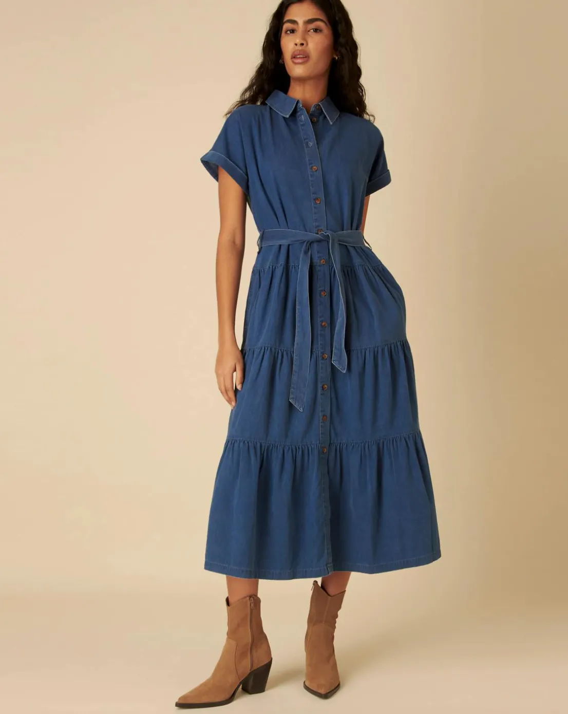 Nobody's Child Denim Ester Tiered Shirt Dress Plain