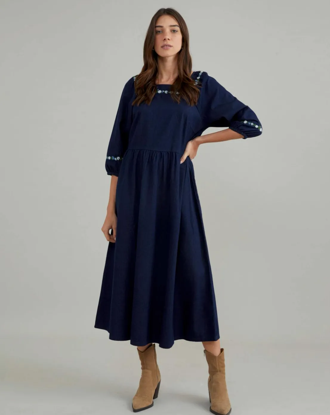 Nobody's Child Garland Embroidered Denim Midi Dress