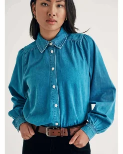 Nobody's Child Indigo Denim Andra Blouse with White Stich Collar