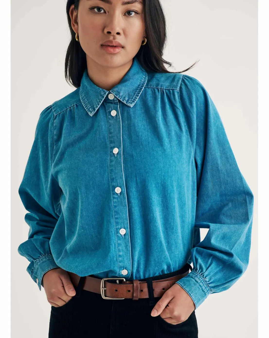 Nobody's Child Indigo Denim Andra Blouse with White Stich Collar