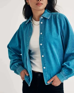 Nobody's Child Indigo Denim Andra Blouse with White Stich Collar